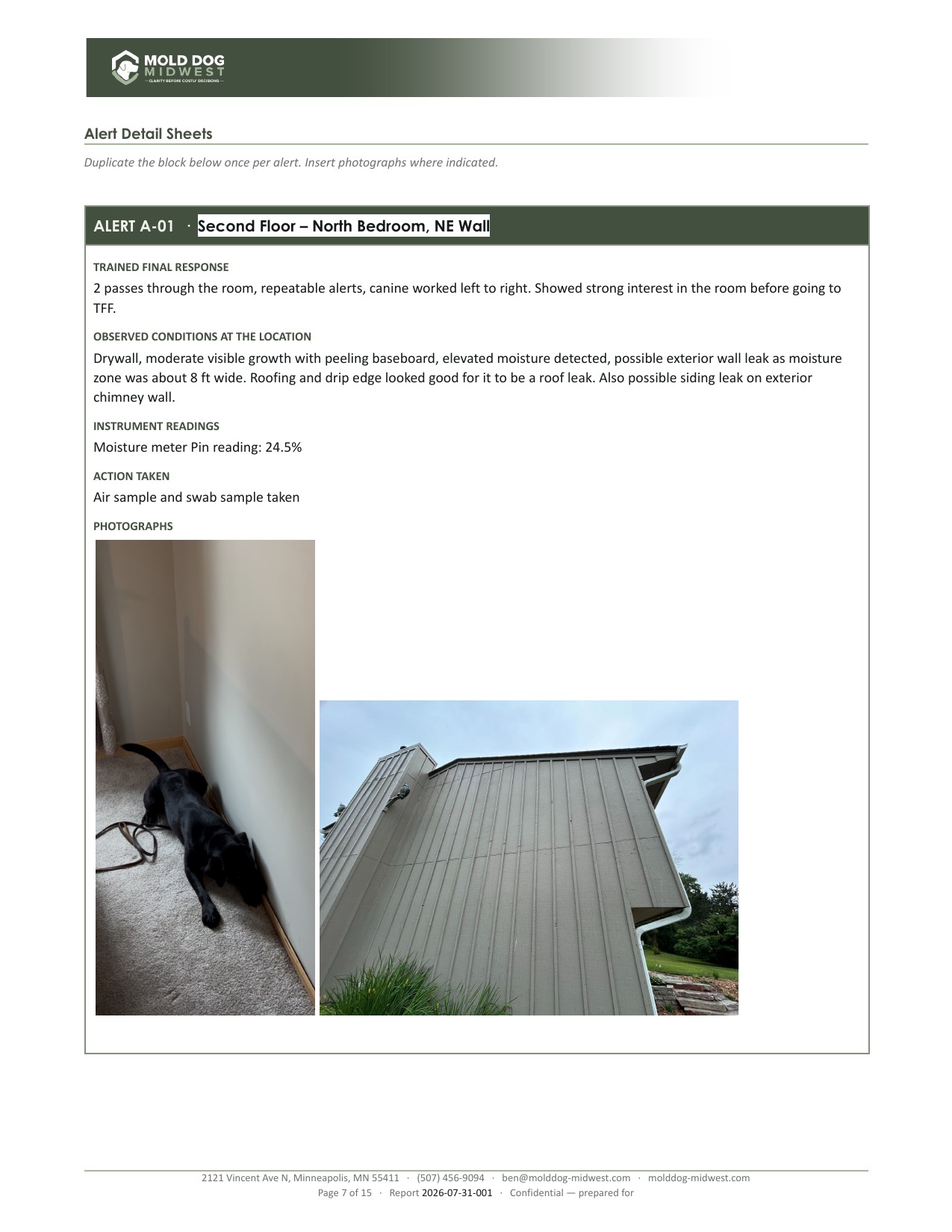 Report page detailing a single canine alert with observed conditions, instrument readings, and on-site photos